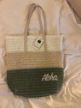 Tote Straw Aloha Beach Bag - Green and Cream